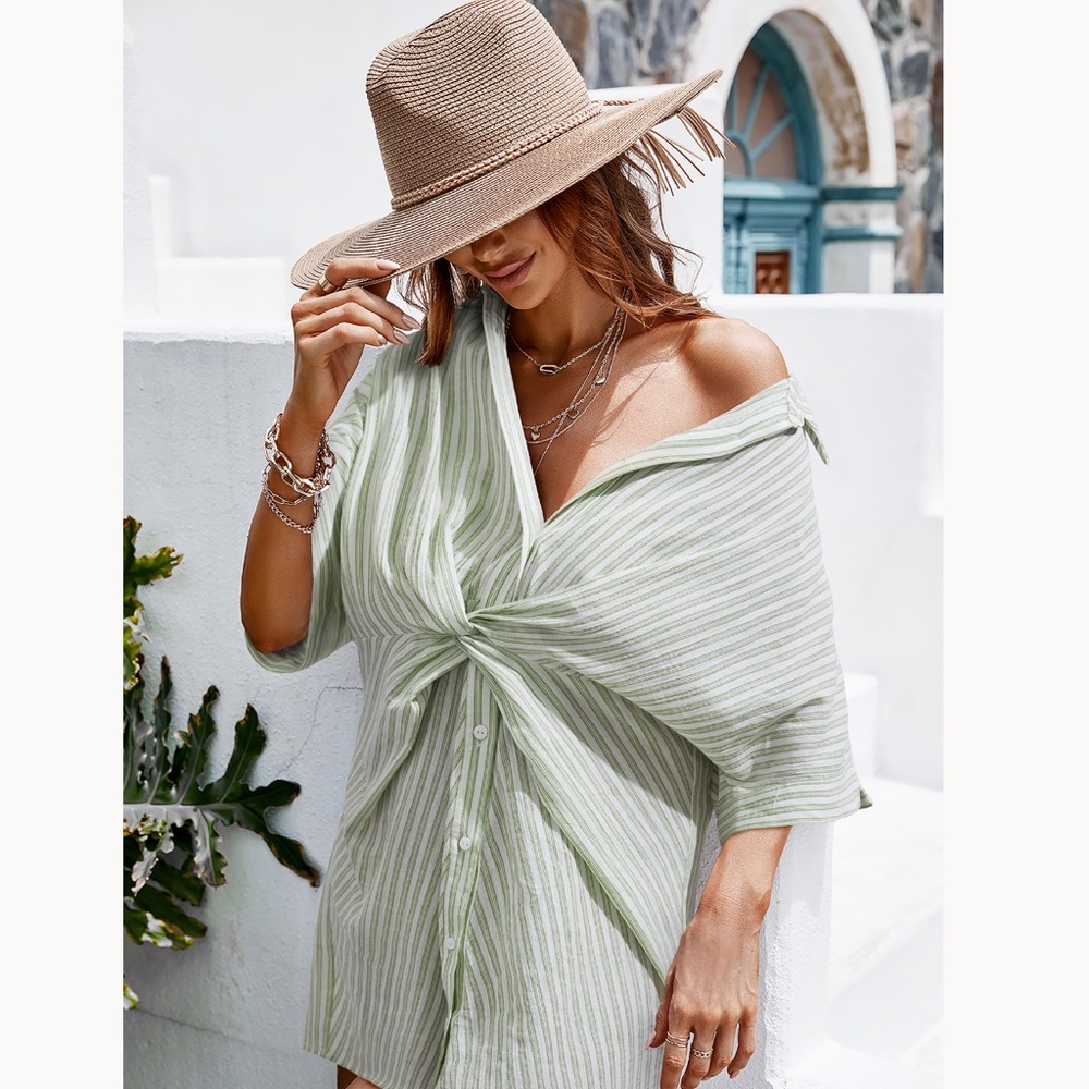 Cupshe Light Green Striped Swim Cover-Up